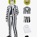 Black and White Costume Suit Men Adult Vertical Strip Jacket Halloween Costumes Scary Movie Character Cosplay Outfit (XL)
