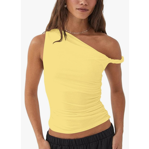 Women One Off The Shoulder Ruched Twist Crop Tank Tops Sleeveless Asymmetric Slim Fit Y2K Going Out Cami Shirt, Medium