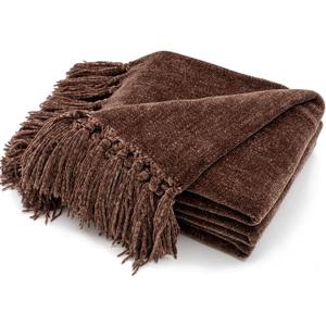 RECYCO Throw Blanket Soft Cozy Chenille Throw Blanket with Fringe Tassel for Couch Sofa Chair Bed Living Room Gift (Brown, 60'' x 80'')