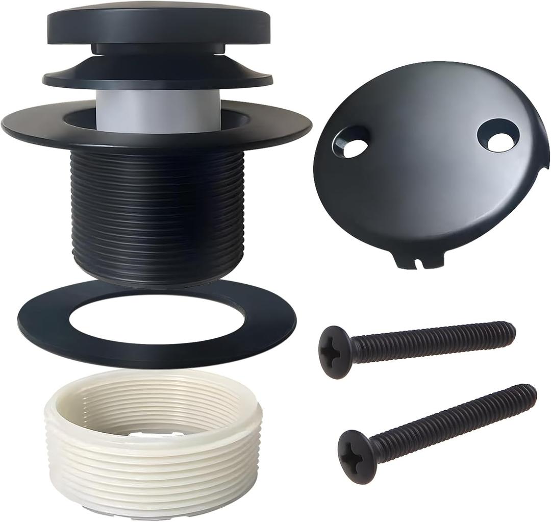 Universal Matte Black Tub Drain and Overflow Kit - Complete 2-Hole Tip-Toe Trim Set with Easy Installation & Fine/Coarse Threads