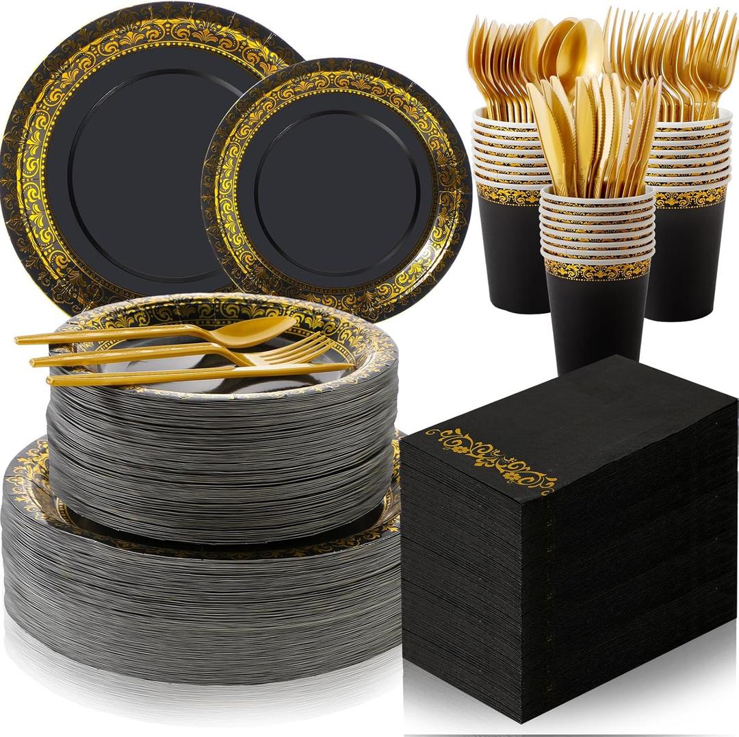 700 Pcs Disposable Dinnerware Set for 100 Guests Include 200 Paper Plates, 300 Plastic Silverware, 100 Paper Cups, 100 Napkins for Wedding Birthday Party Supplies (Black Gold Pattern)