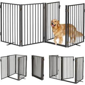 Metal Freestanding Dog Gates with Door for Outdoor Indoor,80'' Extra Wide Free Standing Dog Gate for Doorways,Large Openings,Deck,Yard,Porch,Foldable Safety Pet Fence(Black,4 Panels)