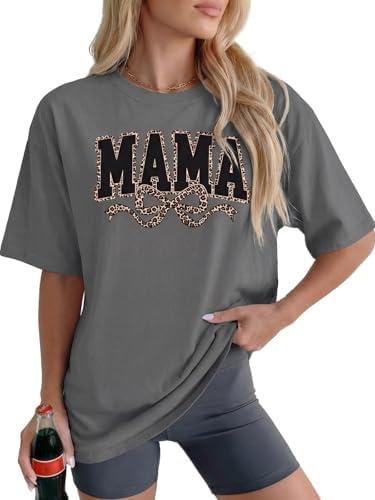 Mama Shirts for Women 2046 Oversized Mama Letter Print Cute Bow Mom Life Tshirts Mom Short Sleeve Casual Trendy Graphic Tees, Large