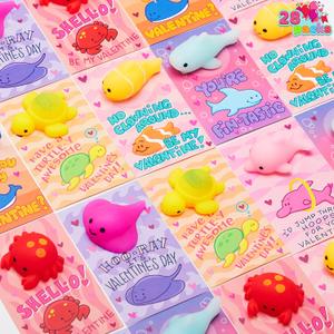 JOYIN 28PCS Valentines Day Gift Cards with Mochi Squishy Toys, Kawaii Sea Animals Mochi Squeeze Toys, Stress Relief Fidget Toy for Kids Valentine Classroom Exchange, Party Favors Prizes