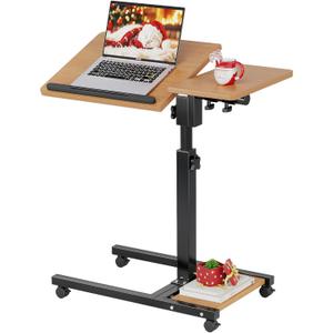 Laptop Desk Stand for Bed Portable Desk Overbed Bedside Mobile Laptop Table Rolling Foldable Table Adjustable Height with Locked Wheels & Mouse Pad for Office Sofa (Natural Color)