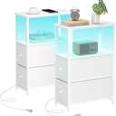 TUTOTAK Small Narrow LED End Table with Charging Station, Side Table Outlets, Nightstand with 2 Cloth Drawers, Set of 2, Couch Table, for Living Room, Bedroom, Bedside, White TB01BW056
