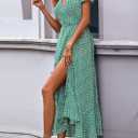 PRETTYGARDEN Women's Boho Floral Maxi Dress Summer Short Sleeve Wrap V Neck Long Flowy Beach Vacation Wedding Guest Dresses (Green, XL)