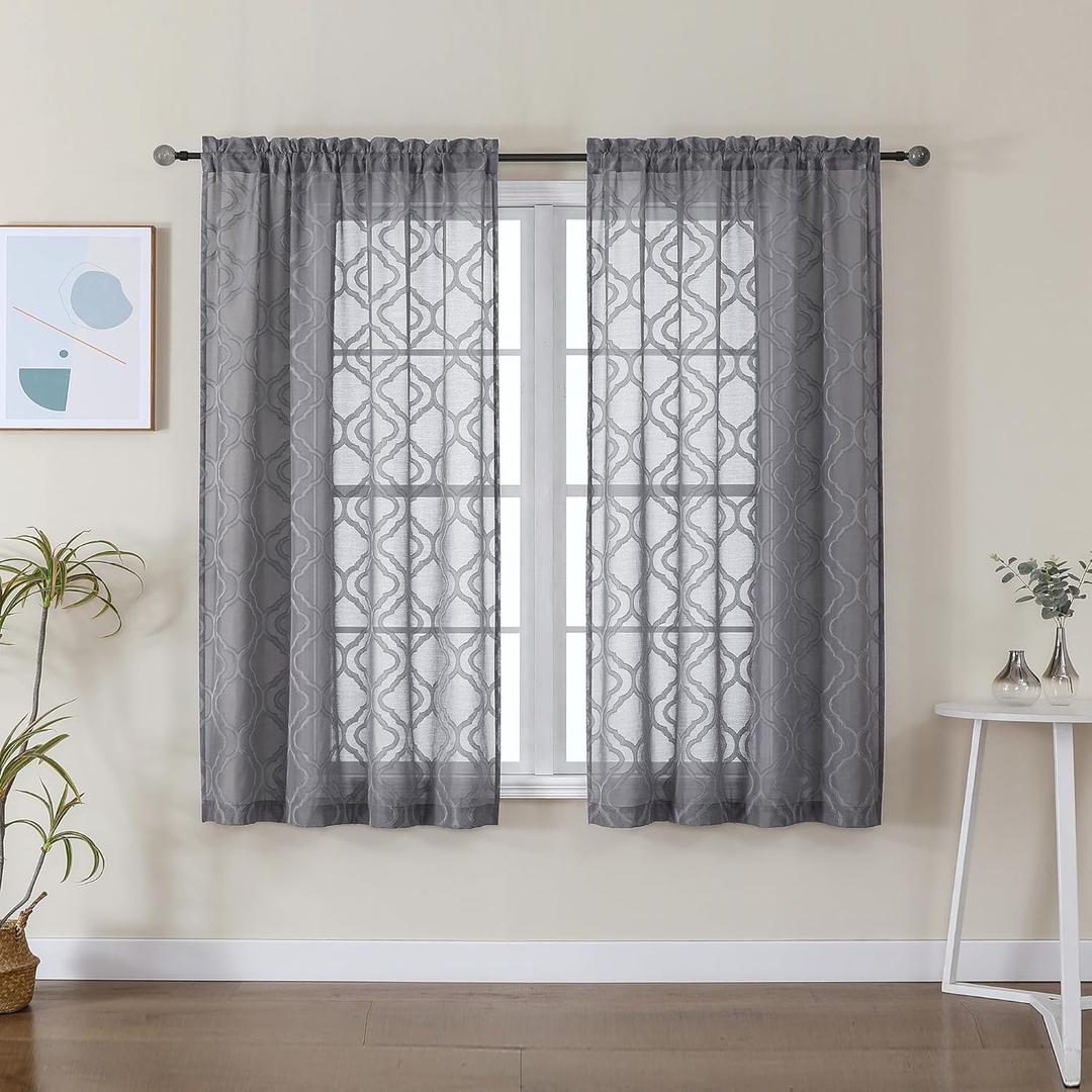 Lecloud Wasa Charcoal Grey Sheer Curtains 63 Inch Length 2 Panels, Classic Solid Jacquard Textured Bedroom Curtains, Light Filtering & Lightweight Gauzy Window Curtain for Living Room, 42 W x 63 L