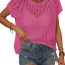 Crochet Tops for Women Spring Summer Shirts Cute Mesh Top Cap Sleeve Cover Up Pullover Sweater Beach Vacation Clothes (Pink, S)