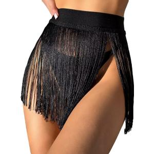 Women's High Waist Fringe Trim Party Mini Skirt (Large, Black)