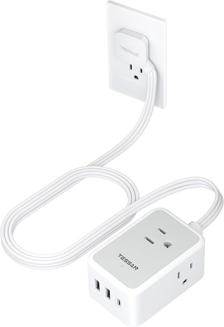 TESSAN Small Flat Plug Power Strip, Ultra Thin Extension Cord with 3 USB Wall Charger (1 USB C), 3 Outlets Mini Charging Station, 5 ft Slim Plug for Cruise Travel Office School Dorm Room Essentials (Gray)