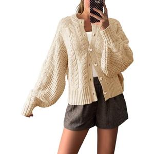 Saodimallsu Womens Cable Knit Cardigan Sweaters Button Up Crew Neck Long Sleeve Loose Fall Trendy Sweater Coats Apricot, Small