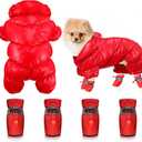 Winter Puppy Warm Coat and Shoes Set Dog Snow Jacket Waterproof Pet Snowsuit Full Body Puffer Jacket Vest Boots Paw Protectors with Reflective Strap for Small Dog Puppy Outdoors Walking