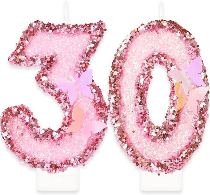 Birthday Candles, Number 30 Candle, Butterfly 30th Birthday Decorations for Women/Girl, Pink Happy Birthday Candle for Cake, Handmade Sequin Numeral Candle Wedding Cake Topper Anniversary Party Decor