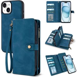 TwoHead Wallet Case Compatible with iPhone 15,Detachable Magnetic Phone Case,All-Round Protective Leather Phone Case with Card Holder,6.1 in,Navy Blue
