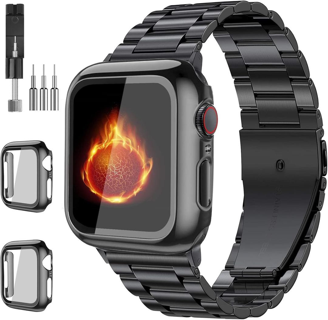 Compatible with Apple Watch Band 49mm 46mm 44mm 45mm 42mm 40mm 38mm 41mm, Stainless Steel iWatch Bands with 2 Pack Tempered Glass Screen Case for Series 10/9 Ultra 2 8/7/6/5/4/3/2/1/SE for Men (Black)