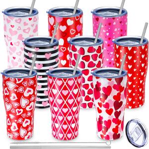 Hushee 9 Pcs Valentine's Day Tumbler with Lid and Straw Stainless Steel 20 oz Heart Love Print Double Wall Vacuum Insulated Cup Travel Mugs for Hot and Cold Drink