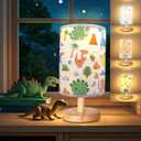 Dinosaur Lamp, Dinosaur Room Decor for Boys, 3 Level Dimmable Wood Nightstand Desk Base Flaxen Fabric Shade for Bedroom Living Room, Dino Gifts for Boys