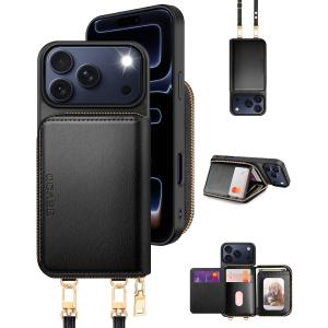 OCASE Compatible with iPhone 17 Pro Max Crossbody Wallet Case with Card Holder, PU Leather Zipper Handbag Phone Purse with RFID Blocking Kickstand Wrist Strap Lanyard 6.9 Inch, Black