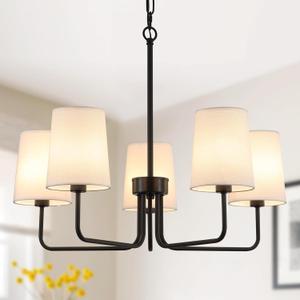 AMZASA Farmhouse Chandelier, Matte Black with White Fabric Shade, Farmhouse Linear Island Lighting Fixture for Kitchen, Dining Room (5-Light Matte Black with Fabric Shades)