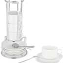 3 Ounce Espresso Cups Set of 4, Stackable Demitasse Mugs, Includes Display Stand, Cups Saucers, and Spoons, for Machines & Home Use, White Silver Tone