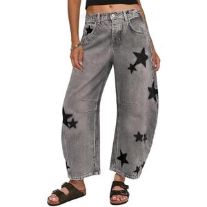 CHARTOU Y2k Barrel Jeans Women Wide Leg Baggy Distressed Printed Boyfriend Horseshoe Denim Pants M