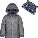 LONDON FOG Baby Girl's Hooded Puffer Winter Jacket with Stars & Moons Pattern & Matching Beanie (4T, Grey)