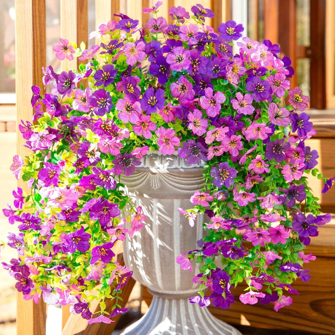 Artificial Faux Hanging Flowers Plants for Spring Outdoor Outside Decoration, 2 PCS Fake Silk Daisy with Eucalyptus UV Resistant Realistic Trailing Vines for Balcony Patio Porch (DarkPurple+Purple)