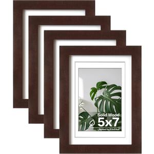 Egofine 5x7 Picture Frames Made of Solid Wood with Plexiglass, Display Pictures 3.5x5/4x6 with Mat or 5x7 Without Mat Set of 4 for Tabletop and Wall Mounting, Walnut Color