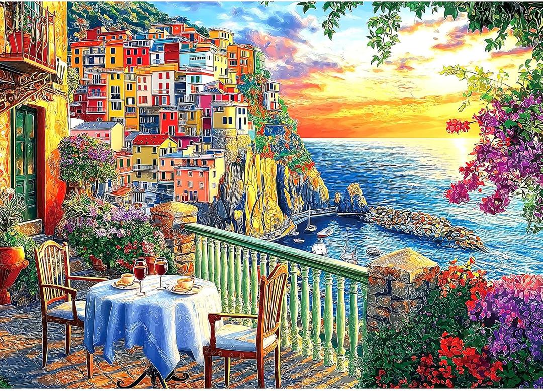 Italy Cinque Terre Jigsaw Puzzles for Adults 1000 Pieces Coastal Village Beautiful Landscape Scenery Sunset View with Letters on Back Hard Impossible Difficult challenging Family Puzzle (27.5"x19.6")