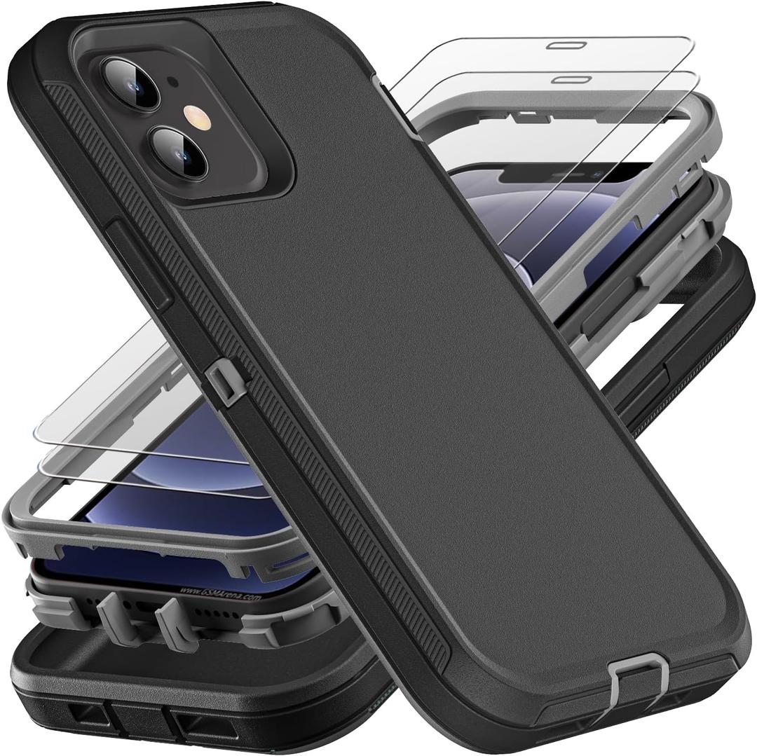 for iPhone 12 Mini Case, Military Grade 3 in 1 Heavy Duty Shockproof/Drop Proof/Dust Proof Case with 2Pcs Tempered Glass Screen Protector (Black/Grey)