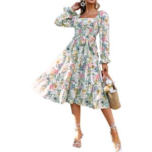 Glamaker Women's Short Sleeve Smocked Square Neck A Line Summer Flowy Maxi Long Dress Large, Multicoloured