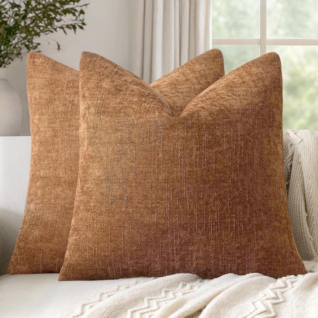 Woaboy Set Of 2 Textured Throw Pillow Covers Decorative Soft Accent Square Chenille Pillowcases Neutral Farmhouse Cushions Modern Home Decor for Couch Sofa Bedroom Living Room 22x22 Inch, Bronze