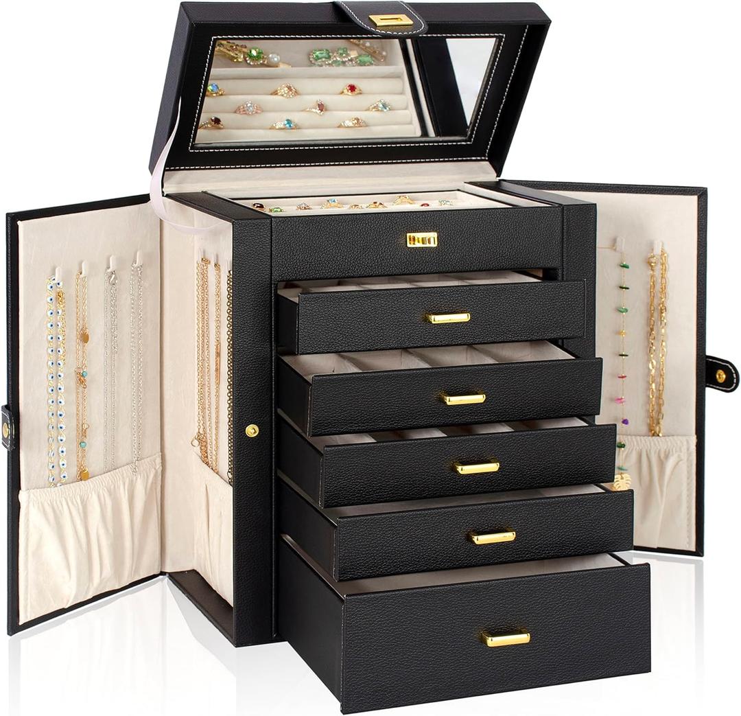 AKOZLIN Large Jewelry Box Organizer Functional with Big Mirror, Leather Jewelry Storage Case for Women Girls Ring Necklace Earring Bracelet Holder Organizer (Black)