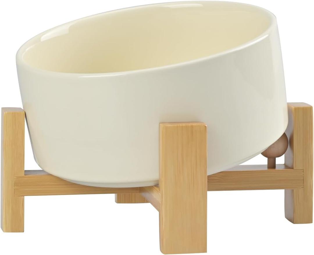 SPUNKYJUNKY 15 Slanted Ceramic Dog and Cat Bowl with Wooden Stand, Tilted Bulldog Food and Water Bowl No Slip Non-Spill for Cats Medium Dogs Big Face Pets 28.7 OZ (3.6 Cups, Beige)