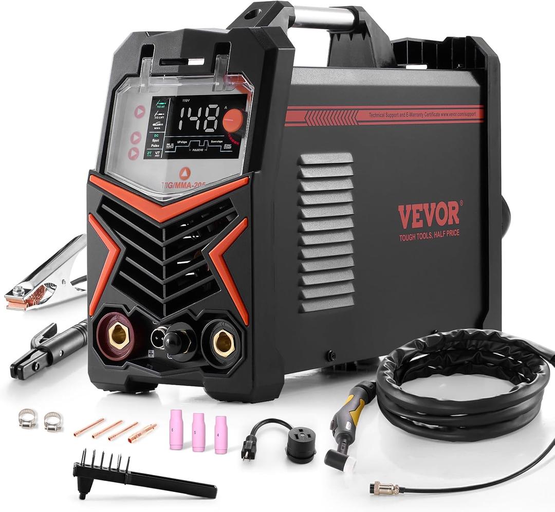 VEVOR TIG Welder, 205A 3-In-1 Welding Machine (Large LED Display)- DC TIG/DC Pulse TIG/MMA(Stick), 110&220V Dual Voltage Electric Welder with IGBT Inverter High-Frequency Start
