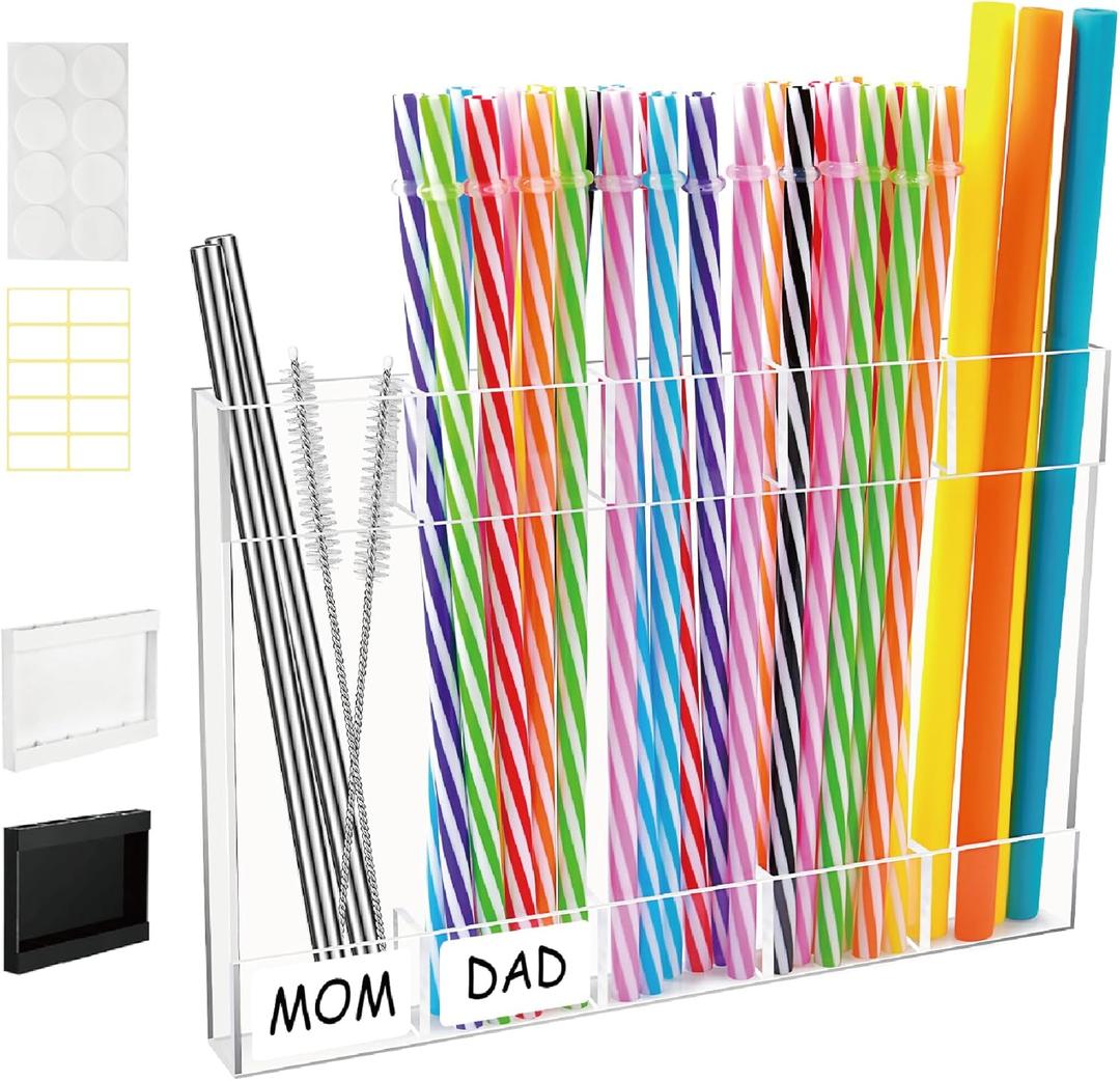 Straw Holder, Transparent Acrylic Straw Dispenser with Double Sided Adhesive Tape and Stickers,Organizer for Cupboard Reusable for Kitchen Counter (Transparent)