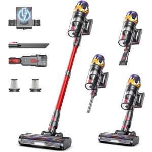 Cordless Vacuum Cleaner, Upgraded 55KPA 650W 70Mins Stick Vacuum with Hurricane Mode, Self-Standing, Touch Screen, 1.8L Dust Cup, Anti-tangle Wireless Vacumm, Vacuum Cleaners for Home/Pet Hair/Carpets (Red)