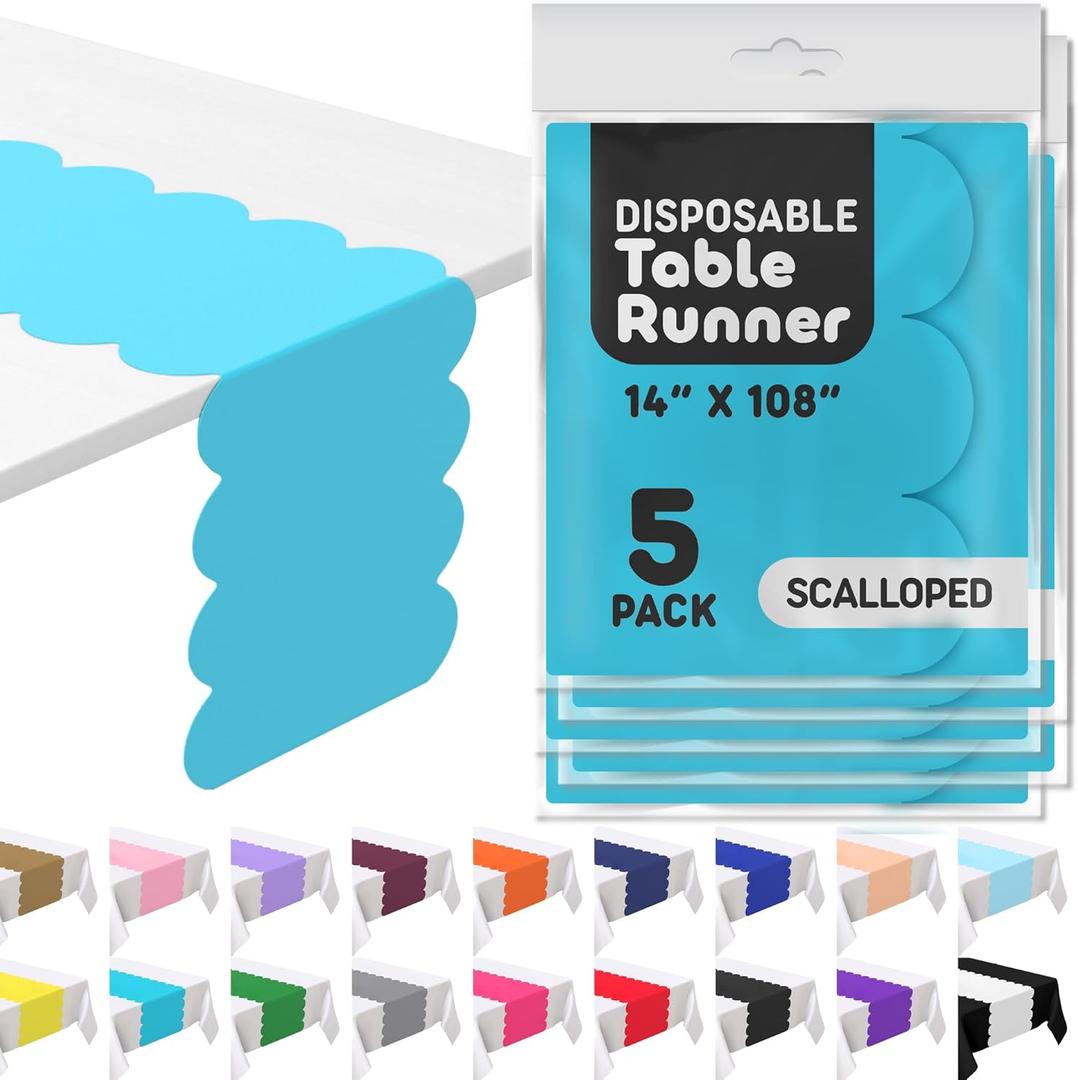 Turquoise Plastic Disposable Table Runner. 5 Pack 14 x 108 inch. Scallop Table Runner Adds A Pop of Color to Your Party Table, by Swanoo