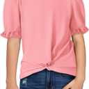 Yousify Girls Shirts Summer Cute Short Sleeve Basic Tops Twist Front Casual Ruffle Plain Round Neck Tee Shirt Tunic Pink 7-8 Years