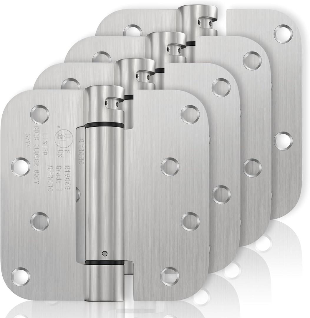 Self Closing Door Hinges 4 Pack 4 Inch Spring Loaded Hinges with Adjustable Tension Brushed Nickel Door Hinge Heavy Duty Hinge 5/8" Radius Corners for Interior Exterior Doors