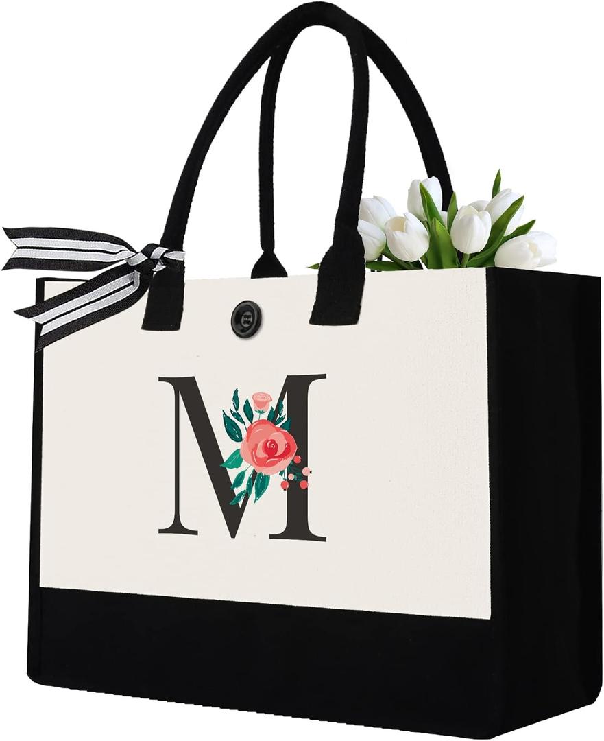 Initial Canvas Tote Bag, Personalized Birthday Gifts for Women Mom Friends Teachers, Monogrammed Tote Bags Suitable for Valentine's Day Wedding Beach (LetterM)
