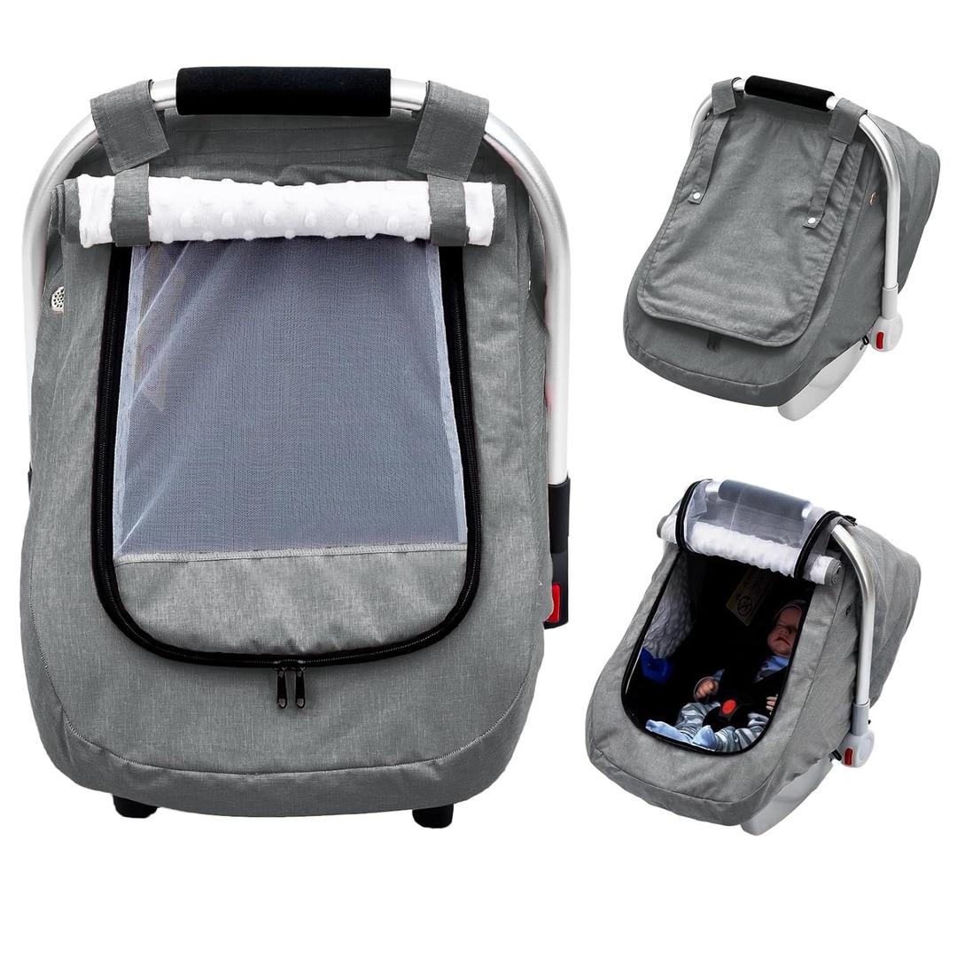 Waterproof Baby Car Seat Cover, Infant Car Seat Cover Canopy with 2 Breathable Vents, Warm Carseat Cover with Mesh Window for Cold Weather, Univeral Baby Carrier Cover for Doona (Gray)