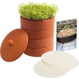 Clay Sprouter Kit | Terracotta Tower with 3 Shallow Germinating Trays, Paper Discs & Free E-Book | 2 in 1 Sprouting Trays Ideal for Germinating Sprouts and Microgreens