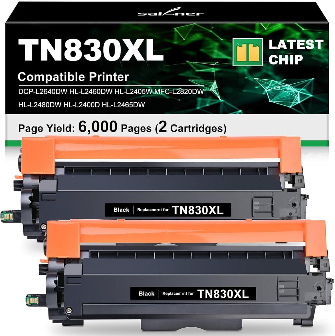 TN830XL Compatible Toner Cartridge Replacement for Brother TN830XL TN-830XL TN-830 Toner Compatible with Brother DCP-L2640DW HL-L2405W HL-L2460DW HL-L2480DW MFC-L2820DW HL-L2400D Printer (2 Black)