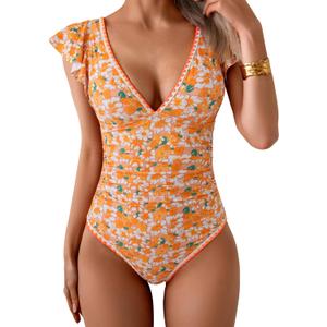 Aidonger Women's One Piece Ruffle Swimsuit Tummy Control Bathing Suit V Neck Shell Stitched Swim Suit Slimming Swimwear, Size Large 