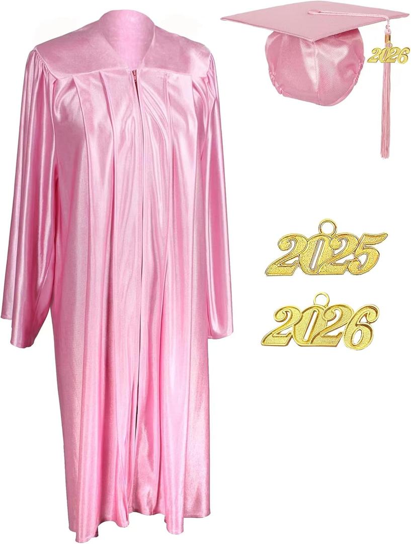 MyGradDay Unisex Adult Shiny Graduation cap and gown Tassel 2025 and 2026 Year Charm Package, Size: 45''(5'0"-5'2") (Pink)