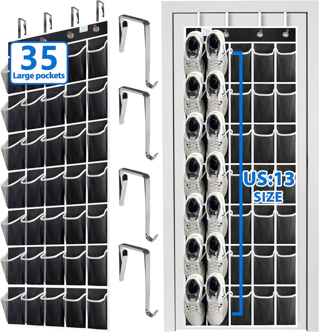 over the door shoe organizer,2025 upgraded,shoe organizer,35 Huge pockets,over door shoe organizer,Store size 13 shoes,shoe organizer,Strong material,hooks Suitable for various doors,black/white (71'' x 25.4''/Pack of 1)