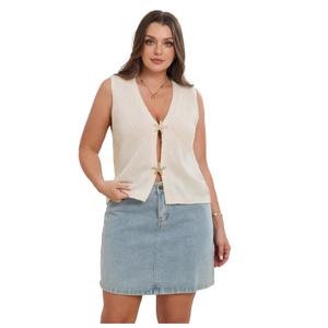 MakeMeChic Women's Plus Size Sweater Vest Knit Tops Starfish V Neck Sleeveless Fall Boho Tops Apricot X-Large (XL)