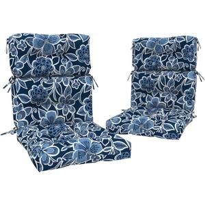 Outdoor High Back Chair Cushions Set of 2, Water-Resistant Chair Cushions for Patio Home Garden, Replacement Rocking Chair Cushion with tie 22" W x 20" D, Flower Navy, 44"x22"x4"